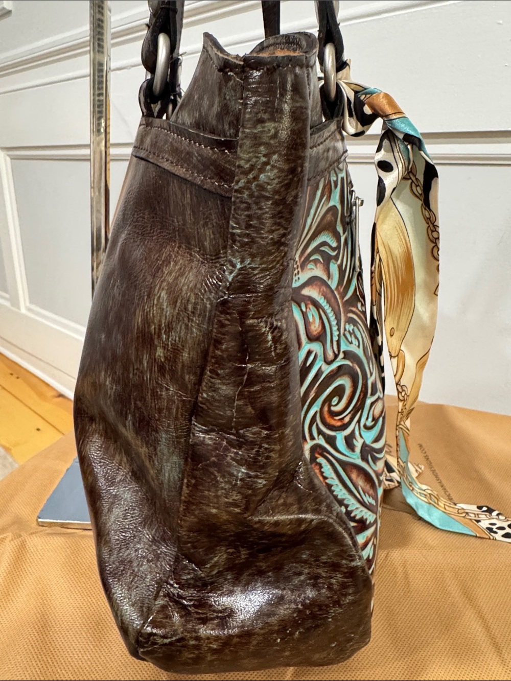 Patricia Nash Bag Tooled Turquoise Brown Leather Floral Embossed Tote NWT - Picture 8 of 17